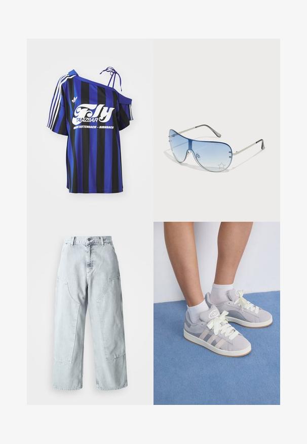 Mėlynos ir juodos juostelės per didelis marškinis su viena peties iškirpte, ant kurios yra baltas užrašas ir trys baltos juostelės ant rankovės.; Šviesiai mėlyni džinsiniai plačios kojos kelnių su didelėmis šoninėmis kišenėmis, aukštu liemeniu ir laisvu siluetu. Sukurta su nusidėvėjusiomis tekstūromis ir išblukusiu paviršiumi.; Pilki zomšiniai sportbačiai su baltais raišteliais ir guminiais padais, puikuojantys trimis įstrižainėmis juostelėmis šone ir logotipo etikete ant liežuvio.; Aviatoriai akiniai su gradientiniais mėlynais objektyvais, sidabriniu metaliniu rėmu ir dekoratyvinėmis žvaigždžių akcentais ant objektyvų. Lygaus ir stilingo dizaino.