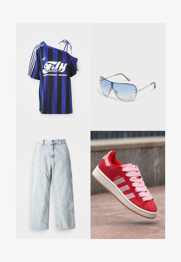Plava i crna prugasta oversized košulja s jednim otvorenim ramenom, koja sadrži bijeli otisak teksta i tri bijele pruge na rukavu.; Svijetloplave traper hlače širokih nogavica s velikim bočnim džepovima, visokim strukom i slobodnim krojem. Oštećena tekstura s izblijedjelim završetkom.; Crvene nubuk tenisice s ružičastim naglascima, s tri bijele pruge i svijetloružičastim vezicama. Bijela srednja platforma i gumeni potplat u boji gume.; Naočale tipa avijatičar s gradijentnim plavim staklima, okvirom od srebrnog metala i dekorativnim zvjezdastim naglascima na staklima. Glatki i elegantni dizajn.