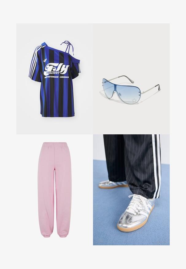 Blauw- en zwartgestreept oversized shirt met één schouderontwerp, voorzien van witte bedrukte tekst en drie witte strepen op de mouw.; Urban Classics FLUFFY - Trainingsbroek - softpink; Metalen zilveren sneakers met witte veters en drie witte strepen, gecombineerd met zwarte streepd pants. Gumaansluiting accent aan de onderkant.; Aviator zonnebril met een gradient blauwe lens, zilveren metalen frame en decoratieve sterrenaccenten op de lens. Glad en strak ontwerp.