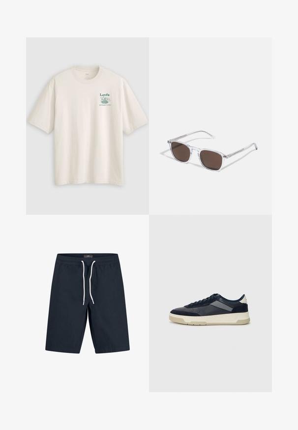 White cotton t-shirt with short sleeves, featuring a green Lev's logo and text on the left chest. Relaxed fit, smooth texture.; Navy blue swim shorts made of lightweight material, featuring an elastic waistband with a white drawstring and a straight cut design.; BOSS BALTIMORE - Trainers - open blue; Clear plastic sunglasses with rectangular brown lenses, featuring thin, transparent arms and metal accents on the temples.