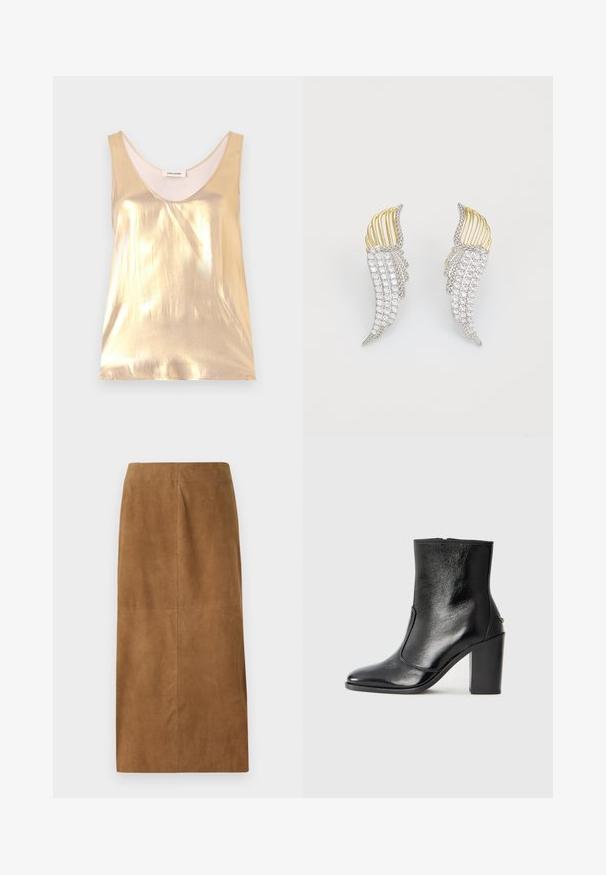 Metallic guld udenærmet top med en dyb scoop-halsudskæring. Glat tekstur, tætsiddende design og en blød inderside.; Brun ruskind midi-nederdel med lige snit, glat tekstur og rene sømme. Har ingen synlige lukninger eller yderligere detaljer.; Sorte læder ankelstøvler med en glat overflade, spids tå og en chunky høj hæl. Har en sidelukning og minimalistisk design.; To parreformede øreringe i vingeform fremstillet af sølvfarvet metal med klare, rundslibede rhinestones og guldfarvet metalaccenter i et lagdelt design.