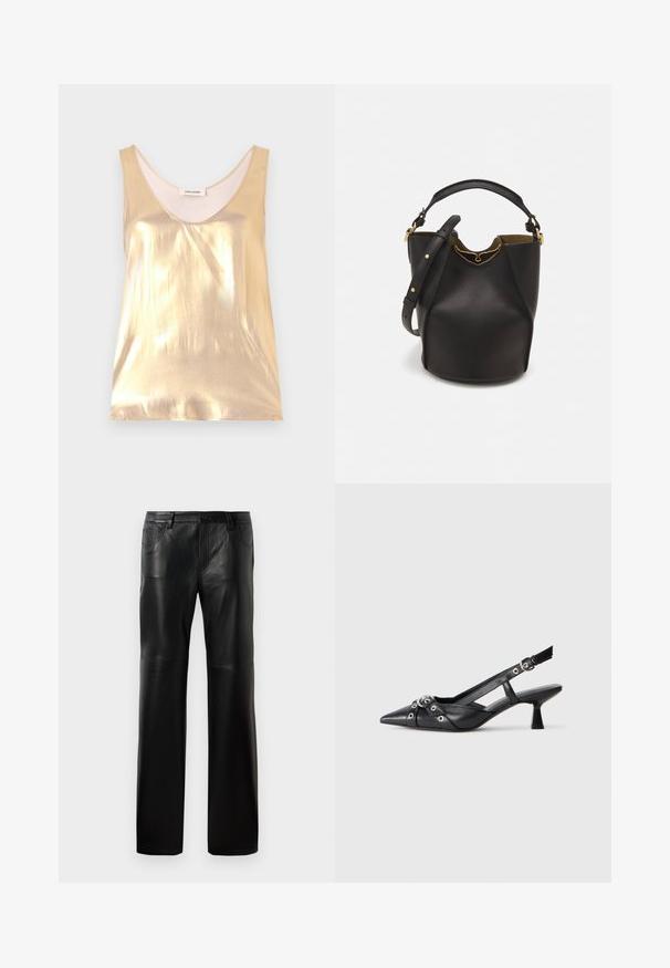 Metallic gold sleeveless top with a deep scoop neckline. Smooth texture, fitted design, and a soft inner lining.; Black leather pants with a straight cut, featuring a button waistband, five pockets, and visible stitching along the seams.; Black leather slingback shoe with a pointed toe, decorative straps featuring metal eyelets, and a low block heel. Textured surface.; Black leather bucket bag with a textured finish, gold hardware accents, and an open top. Features a short handle and adjustable shoulder strap.