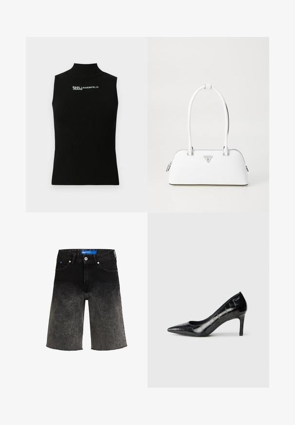 Črna brezrokavnik iz rebrastega pletenega blaga z visokim ovratnikom in belim napisom "Karl Lagerfeld Jeans" na zgornjem delu prsnega koša.; Črne denim kratke hlače z gradientnim prehodom od temne do svetle barve. Imajo strgano spodnje robove, dve sprednji žepki in modro blagovno oznako na pasu.; Črne visoke pete s koničastim prstom, ki imajo sijoč zaključek in subtilen teksturiran vzorec. Imajo zmeren peti in odprt vratni dizajn.; Bela usnjena torba s ukrivljeno obliko, ki ima srebrni trikotni logo in zadrgo. Gladka tekstura in dvojni ročaji.