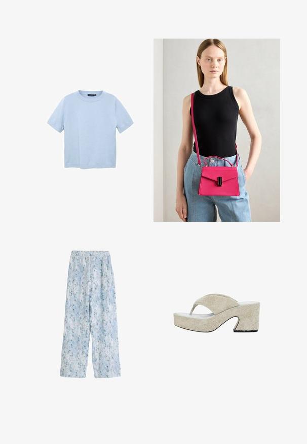 T-shirt bleu clair à manches courtes, fabriqué en matériau doux, avec un col rond et un ourlet droit. Texture lisse avec un minimum de détails.; Pantalons larges à motifs bleu clair avec une taille élastique, présentant un design floral et des lignes verticales, fabriqués à partir d'un tissu doux.; Sandales à plateforme beiges avec un dessus texturé et doux, orteil ouvert et talon incurvé. Présente un design minimaliste avec une semelle épaisse.; Sac à main structuré rose avec une fermeture à rabat et des accessoires en noir. Porté en bandoulière avec une longue sangle. Texture lisse.