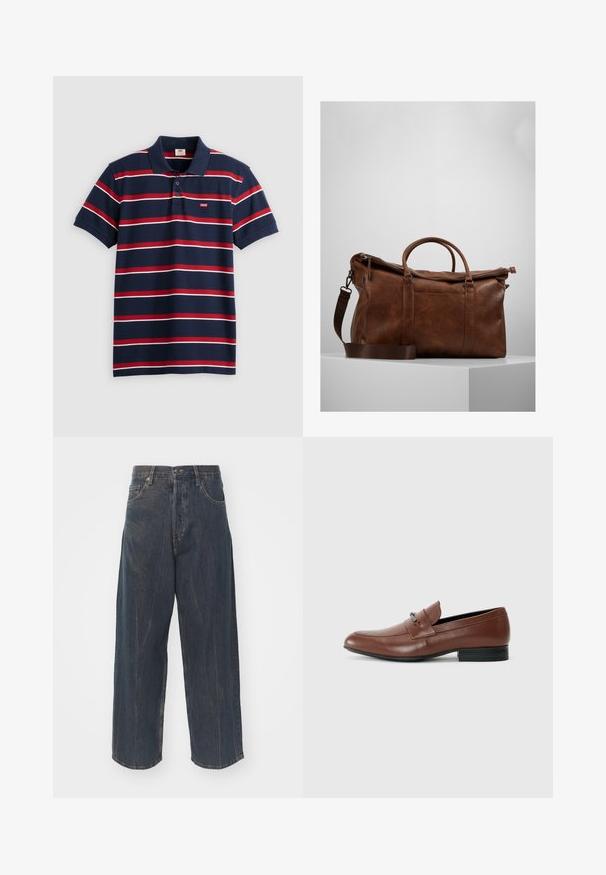 Navyblaues Poloshirt mit rot-weißen horizontalen Streifen, drei Knöpfen am Kragen und kleinem Levi's-Logo auf der Brust. Aus weichem Baumwollmaterial.; Weite dunkelblaue Jeans aus Denim mit subtilem Distressed-Effekt, fünf Taschen und einem klassischen Knopf- und Reißverschlussverschluss an der Taille.; Braune Lederloafers mit abgerundetem Zehenbereich, ausgestattet mit einem kleinen metallischen Akzent im oberen Bereich und einer schwarzen Gummisohle. Glatte Textur über das gesamte Paar.; Braune Leder-Duffel-Tasche mit Reißverschluss, doppelten Griffen, verstellbarem Schultergurt und sichtbaren Texturmuster auf der Oberfläche.