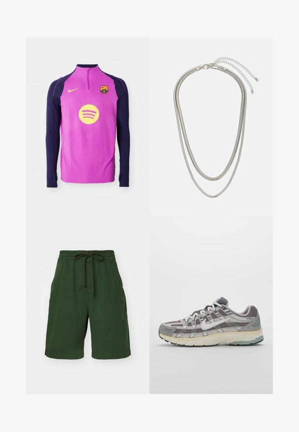 Lila langärmliges Sportoberteil mit navyfarbenen Ärmeln, Reißverschluss-Ausschnitt, geripptem Textur, Vereinswappen des FC Barcelona und kreisförmigem gelben Spotify-Logo.; Grüne Baumwollshorts mit elastischem Bund und verstellbarem Kordelzug. Verfügt über Seitentaschen und einen lockeren Schnitt. Glatte Textur.; Grauer Sportschuh mit einem Obermaterial aus Mesh und Wildleder, weißen Akzenten, einer gepolsterten Sohle und einem charakteristischen Design mit reflektierenden Elementen.; Dreischichtige Halskette aus Silbermetall mit schlanken, flexiblen Ketten mit leichtem Glanz, gesichert mit einem Karabinerverschluss und verstellbarer Kette.