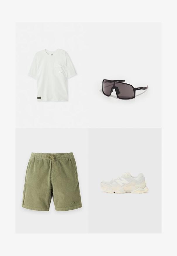 Lyhythihainen, vaaleanvihreä t-paita, joka on valmistettu puuvillasta. Sisältää rintataskun ja pienen logon lähellä taskua. Pehmeä materiaali, rento muotoilu.; Vaaleanvihreät corduroy-lyhyet housut, joissa on joustava vyötärö ja naru. Ominaisuuksiin kuuluvat sivutaskut ja hienovaraiset ompeleet.; Kevyt lenkkari, jossa on verkko- ja mokkanahkapinta pehmeissä kerman sävyissä, chunky-pohja ja kolmiulotteiset yksityiskohdat.; Mustat suorakulmaiset aurinkolasit tummilla linsseillä, leveällä kehykellä ja hoikilla mustilla varsilla. Temppeleissä logo. Sujuva pinta.