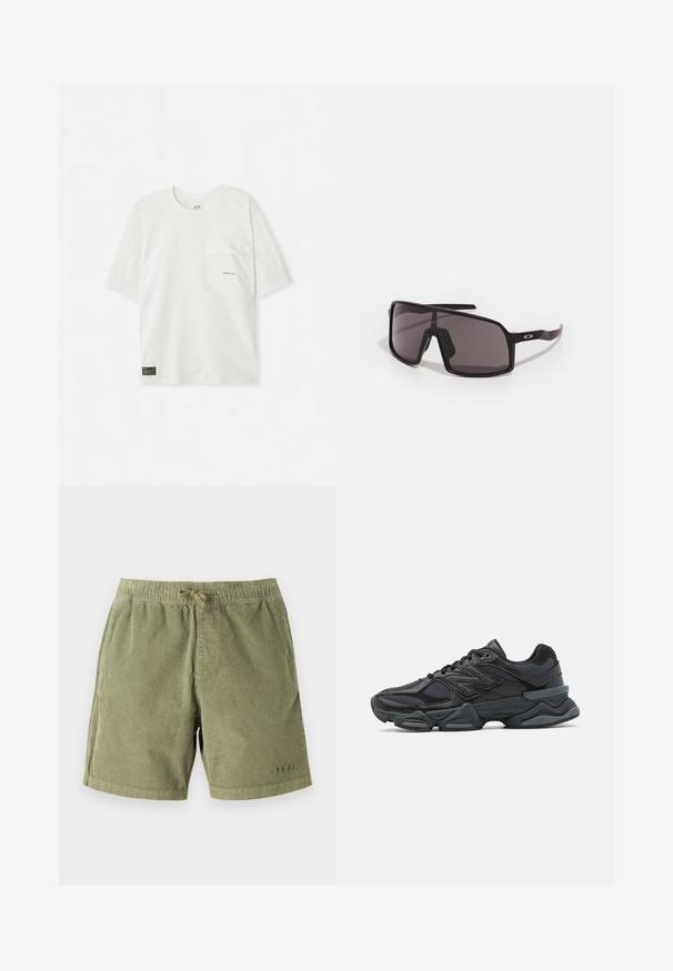 Krátký rukáv, světle zelené tričko vyrobené z bavlny. Obsahuje náprsní kapsu a malé logo blízko kapsy. Měkká textura, ležérní design.; Světlé zelené kordové šortky s elastickým pasem a šňůrkou. Obsahují boční kapsy a jemné stehkové detaily.; Černá běžecká bota s kombinací síťoviny a syntetických materiálů, masivní podešev, zakřivený design a výrazné logo na boku.; Černé obdélníkové sluneční brýle s tmavými čočkami, širokým rámem a štíhlými černými bočnicemi. Na spáncích mají logo. Hladký povrch.