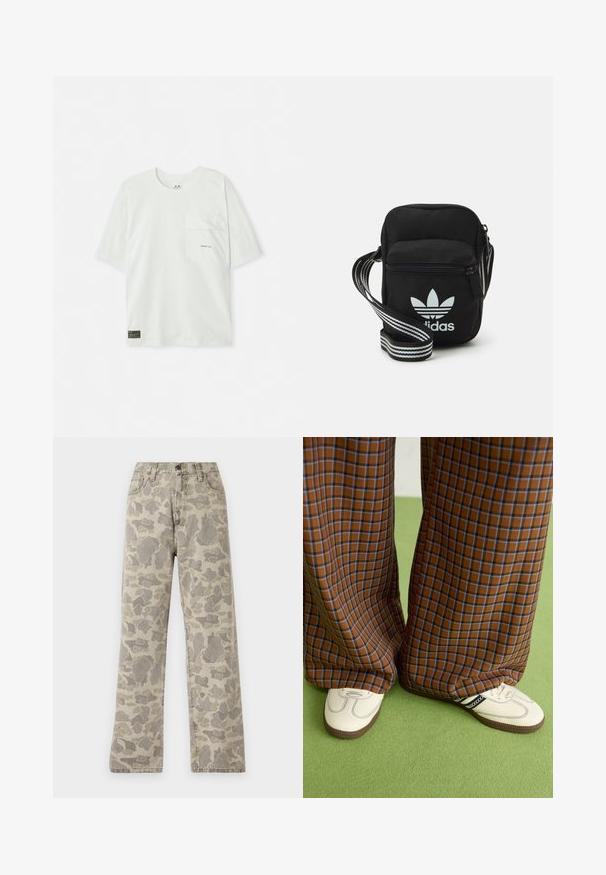 Korte mouwen, lichtgroen t-shirt gemaakt van katoen. Voorzien van een borstzak en een klein logo nabij de zak. Zachte textuur, casual ontwerp.; Carhartt WIP LANDON PANT - Straight leg jeans - grey/black; Bruine en blauwe geruite wijde broek, gecombineerd met witte schoenen met zwarte accenten en een gestructureerde zool, gezet tegen een groene achtergrond.; Zwarte stoffen schoudertas met een ritssluiting, voorzien van een wit Adidas-logo en een gestreepte, verstelbare schouderband voor gemakkelijk dragen.