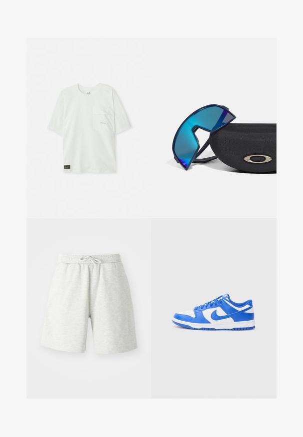 Short-sleeved, light green t-shirt made of cotton. Features a chest pocket and a small logo near the pocket. Soft texture, casual design.; Light gray cotton shorts with an elastic waistband, drawstring detail, and side pockets. Soft texture, knee-length design.; Nike Dunk shoes with a blue and white leather upper, featuring a perforated toe, lacing system, and a textured rubber sole.; Blue-tinted wraparound sunglasses with a sporty design, resting on a textured black case featuring a metallic logo accent.