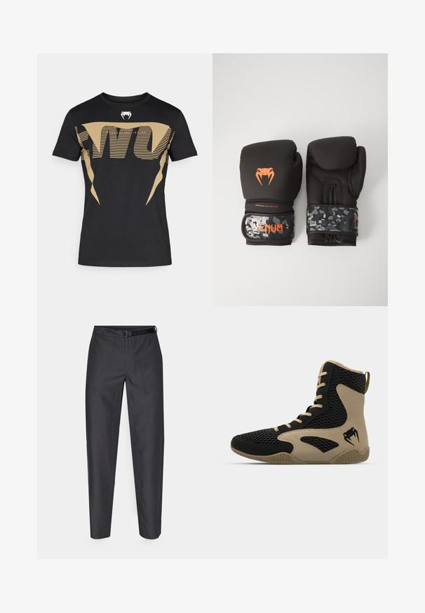 Schwarzes Baumwoll-T-Shirt mit einem großen, auffälligen goldenen Grafikdesign mit Streifen und einem Kobr-logo auf der Brust. Klassischer Rundhalsausschnitt.; Dunkelgraue Hose mit glatter Textur, elastischem Bund mit Gürtel und zwei vorderen Taschen für praktische Nutzung.; Hochschuh mit schwarzem Mesh-Obermaterial und beigen Akzenten. Strukturiertem Gummisohle und Logodetail an der Seite.; Schwarze Boxhandschuhe mit matter Oberfläche und ergonomischem Design. Orangefarbene Logodetails und armeeähnlich gemusterte Handgelenkriemen.