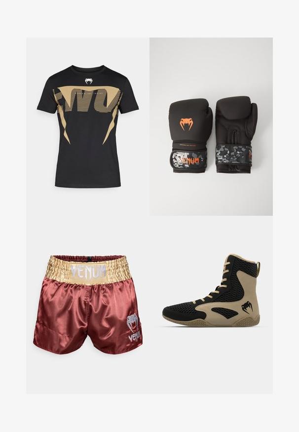 T-shirt preta de algodão com um grande e ousado desenho gráfico dourado com riscas e um logótipo de cobra no peito. Estilo clássico com gola redonda.; Calções de boxe de cetim bordeaux com um cós elástico dourado, apresentando um proeminente logótipo prateado "VENUM" e um pequeno logótipo na parte inferior.; Sapatilha desportiva de cano alto com um exterior em malha preta e detalhes em bege. Sola de borracha texturada e detalhe do logótipo na lateral.; Luvas de boxe pretas com acabamento mate e design ergonómico. Detalhes do logótipo em laranja e tiras de pulso com padrão de camuflagem.