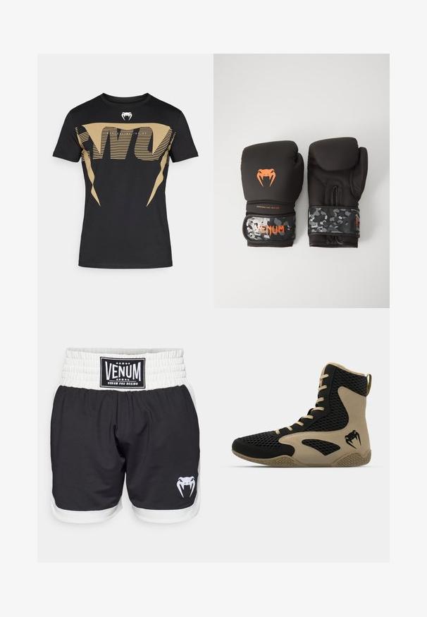 Mustast puuvillast t-särk, millel on suur ja silmapaistev kuldne graafiline muster triipude ja kobra logoga rinnal. Klassikalise ümarate kaelusega stiil.; Mustad mustad poksi lühikesed püksid valge vöökohaga, millel on VENUMi logo ja valge madu graafika. Valmistatud kergest ja vastupidavast materjalist.; Korkeatoimelise spordijalanõud musta võrkmaterjaliga, millel on beežid accentsid. Tekstureeritud kummist tallad ja logodetail küljepeal.; Mustavad krossimise kinnased, millel on mati viimistlusega ja ergonoomiline disain. Oranž logo detail ja kamuflaažimuster randmetrasside peal.
