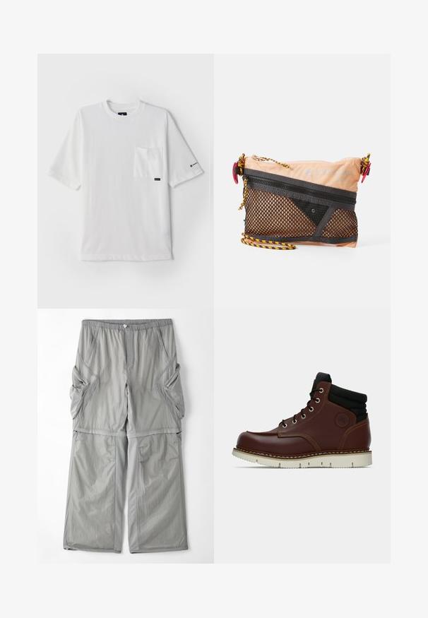 Valkoinen lyhytnummeroinen t-paita, joka on valmistettu puuvillasta ja jossa on rintatasku vasemmalla rinnalla. T-paidassa on brändilogo ja hillitty logo hihassa.; Hailakka harmaa, hengittävä kangashousut, joissa on joustava vyötärö, sivutaskut ja kontrastivärinen harmaa kaitale saumoissa. Laiska istuvuus.; Ruske nahkasaappaat mustalla tekstiilikauluksella, nauhakiristysmuotoilu, valkoinen kumipohja ja kontrastivärinen tikkaus.; Keltainen nylon-pussi mustalla verkkopaneelilla, jossa on vetoketjulla suljettava tulo, värikkäät narut ja kuviollinen hihna. Koko on kompakti ja suorakulmainen.