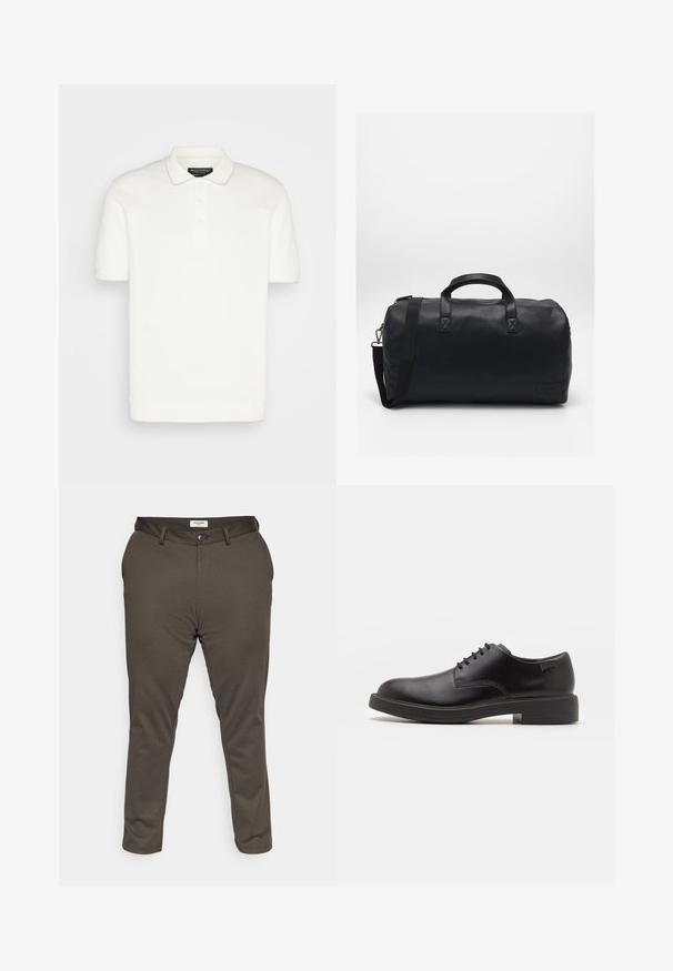 White polo shirt, short sleeves, classic collar, three-button placket, soft texture, ribbed cuffs, and hem, minimalistic design without patterns.; Jack & Jones JPSTMARCO JJCOOPER - Chinos - wren; Black leather lace-up shoe with a rounded toe, smooth texture, minimal stitching, and a low rubber heel. Logo on the heel.; Black duffel bag made of textured synthetic material. Features two handles and an adjustable shoulder strap. Simple design with no visible patterns.