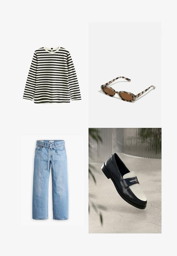 Tricou din bumbac cu mânecă lungă, cu dungi orizontale alb-negru, guler rotund și textură moale. Fără hardware sau accente vizibile.; Jeanși cu talie înaltă, de culoare albastru deschis, cu picioare largi, închidere cu nasture și fermoar, și detaliu cu șnur la talie. Terminare brută a marginii.; Cămașă din piele alb-negru, cu cusături decorative, plutind deasupra unei podele de beton, cu plante neclare în fundal.; Ochelari de soare cu model țestoasă, cu lentile ovale, nuanță marron și laterale subțiri cu model. Material din plastic ușor, cu accente aurii subtile.