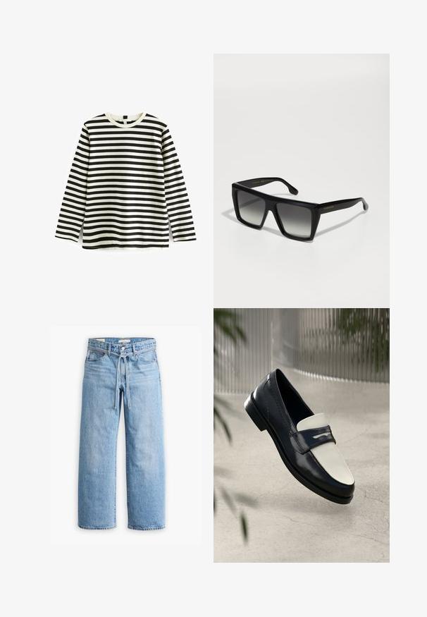 Tricou din bumbac cu mânecă lungă, cu dungi orizontale alb-negru, guler rotund și textură moale. Fără hardware sau accente vizibile.; Jeanși cu talie înaltă, de culoare albastru deschis, cu picioare largi, închidere cu nasture și fermoar, și detaliu cu șnur la talie. Terminare brută a marginii.; Cămașă din piele alb-negru, cu cusături decorative, plutind deasupra unei podele de beton, cu plante neclare în fundal.; Ochelari de soare supradimensionați, cu forme pătrate, lentile degradate, rame groase și branding auriu pe tâmplă. Material plastic neted.