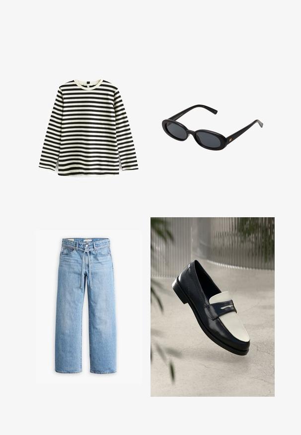T-shirt in cotone a maniche lunghe con righe orizzontali bianche e nere, colletto rotondo e texture morbida. Nessun hardware o accessori visibili.; Jeans in denim azzurro chiaro a gamba larga con vita alta, chiusura con bottone e zip, e dettaglio con cordoncino in vita. Orlo grezzo.; Mocassino in pelle bianco e nero con cuciture decorative, sospeso sopra un pavimento di cemento con piante sfocate sullo sfondo.; Occhiali da sole neri oversize con lenti ovali, montatura in plastica liscia e accenti dorati sulle tempie. Le lenti scure offrono protezione dal sole.