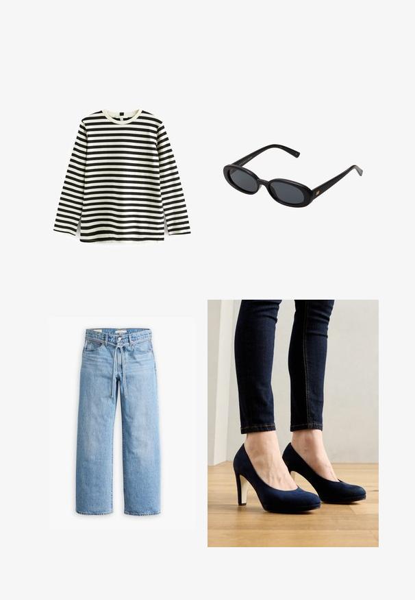 Garās piedurknes kokvilnas T-krekls ar melnbaltiem horizontāliem svītrām, apaļa kakla izgriezums un maiga tekstūra. Nav redzamu aksesuāru vai rotājumu.; Gai zila džinsa auduma platā stila bikses ar augstu vidukli, pogu un rāvējslēdzēju, kā arī auklas detaļu viduklī. Neapstrādāta apakšmalu apdare.; Tumši zili zamšādas augstpapēžu apavi ar noapaļotu purngalu un kontrastējošu balto papēdi. Valkāti ar tumši zilu džinsu skinny stila biksēm uz koka grīdas.; Melnu pārspīlēto saulesbrilles ar ovālām lēcām, gludu plastmasas rāmja un zelta akcentiem uz tempļiem. Tumšie lēcas nodrošina saules aizsardzību.