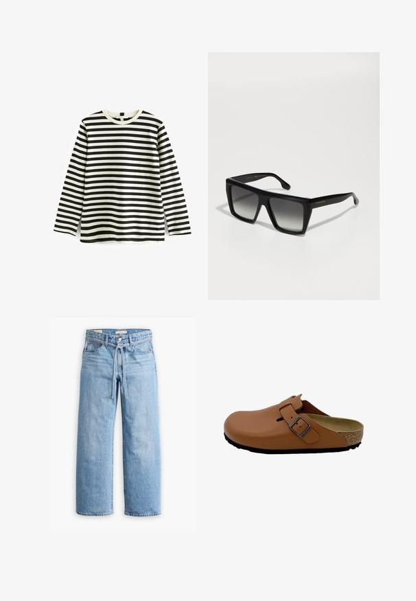 Long-sleeve cotton t-shirt with black and white horizontal stripes, round neck, and soft texture. No visible hardware or accents.; Light blue denim wide-leg jeans with a high waist, button and zip closure, and a drawstring detail at the waist. Raw hem finish.; Birkenstock Clogs - ginger_brown; Black oversized square sunglasses with gradient lenses, thick frames, and gold branding on the temple. Smooth plastic material.