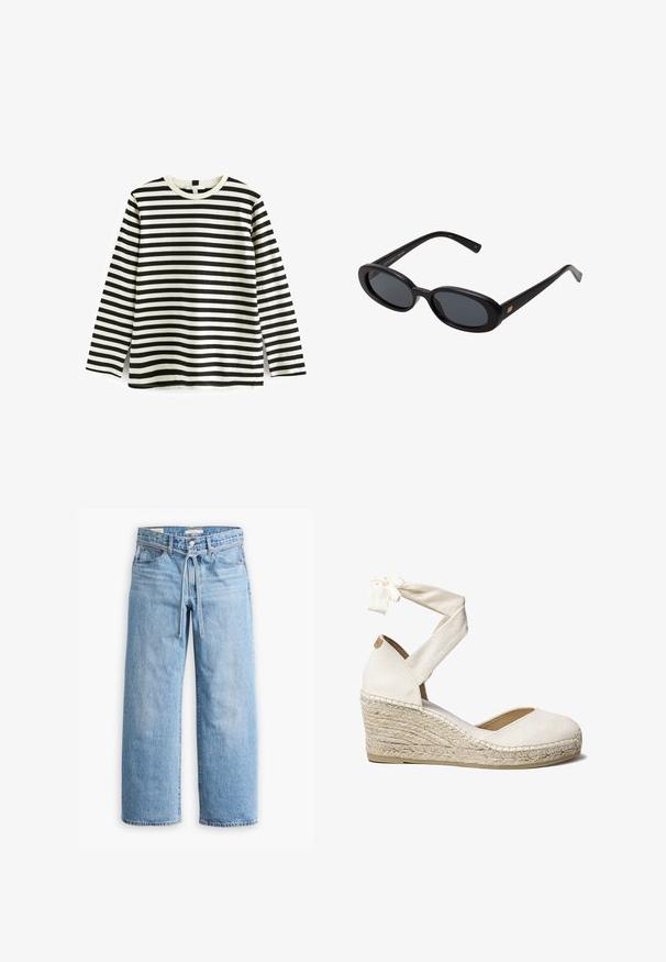 Majica s dugim rukavima od pamuka s crno-bijelim horizontalnim prugama, okrugli ovratnik i meka tekstura. Nema vidljivih metalnih dijelova ili naglasaka.; Svijetloplavi traper široki traperice s visokim strukom, kopčanjem na gumb i zatvaračem te detaljem s vezicom u struku. Sirovi rub.; Bijela platnena wedges cipela s vezicom oko gležnja, jute omotanim petom, okruglim prstom i teksturiranom gornjom tkaninom. Visina pete iznosi približno 7 cm.; Crne velike sunčane naočale s ovalnim staklima, glatkim plastičnim okvirom i zlatnim detaljima na sljepočnicama. Tamna stakla pružaju zaštitu od sunca.; Tkanirana torba od slame u boji bež sa smešnim sintetičkim kožnim detaljima, koja ima dvije kratke ručke i jednu dugu podesivu traku.