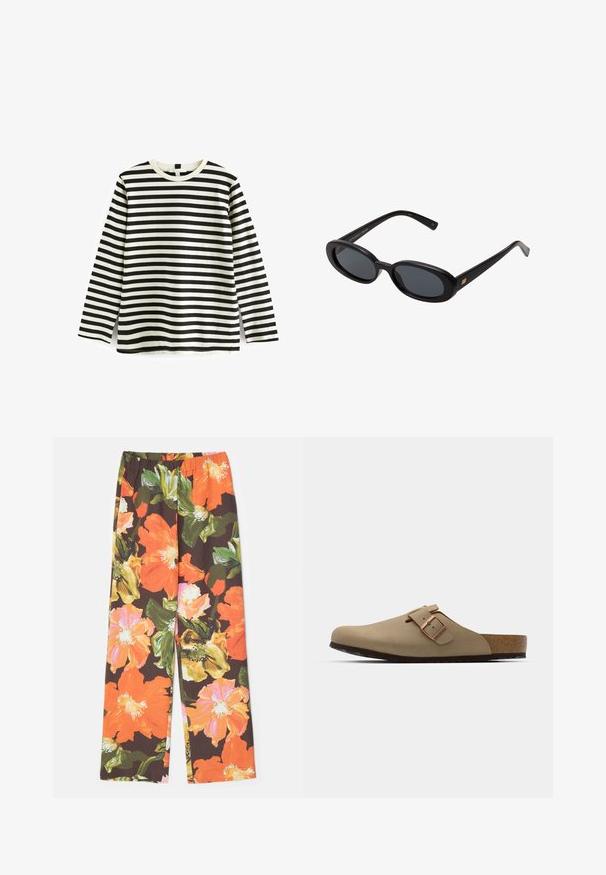 Katoenen T-shirt met lange mouwen, zwart-witte horizontale strepen, ronde hals en zachte textuur. Geen zichtbare hardware of accenten.; Stine Goya FATOU STRUCTURE STRETCH - Broek - summer night; Beige klompen met een afgeronde neus, verstelbare gespaccent, en kurk voetbed. Gestructureerd oppervlak met een zwarte rubberen zool voor grip.; Zwarte oversized zonnebril met ovale lenzen, een glad plastic montuur en gouden accenten op de pootjes. Donkere lenzen bieden bescherming tegen de zon.; Geweven beige draagtas met een slungelige vorm en een enkele schouderband. Kenmerkt zich door een textuurpatroon over het hele oppervlak.