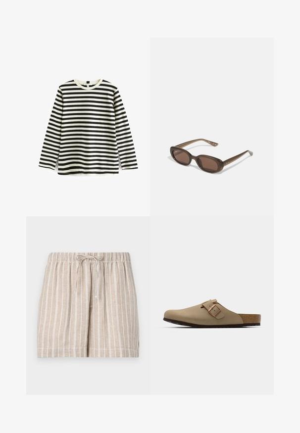 T-shirt en coton à manches longues avec des rayures horizontales noires et blanches, col rond et texture douce. Pas de matériel ou d'accents visibles.; Shorts en lin beige avec des rayures verticales blanches, taille élastique et cordon de serrage. Le design décontracté comprend des ourlets cousus et des poches latérales.; Sabots beiges avec un bout arrondi, accent en boucle ajustable et semelle en liège. Surface texturée avec une semelle en caoutchouc noir pour une meilleure adhérence.; Lunettes de soleil ovales marron avec des verres foncés. La monture est en matériau transparent marron et comporte un logo imprimé sur les branches.