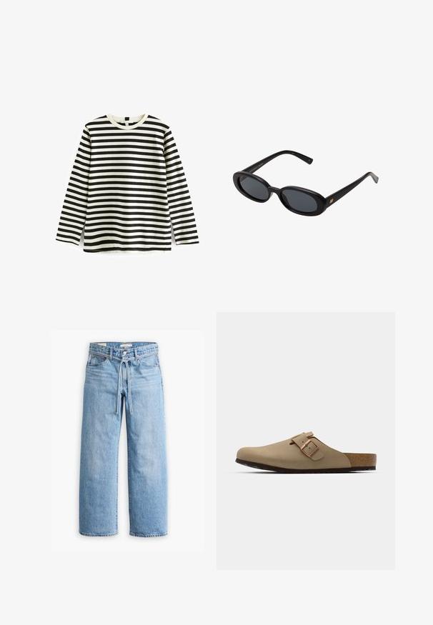 T-shirt in cotone a maniche lunghe con righe orizzontali bianche e nere, colletto rotondo e texture morbida. Nessun hardware o accessori visibili.; Jeans in denim azzurro chiaro a gamba larga con vita alta, chiusura con bottone e zip, e dettaglio con cordoncino in vita. Orlo grezzo.; Zoccoli beige con punta arrotondata, accentati da una fibbia regolabile e con tappetino in sughero. Superficie texturizzata con suola in gomma nera per una migliore aderenza.; Occhiali da sole neri oversize con lenti ovali, montatura in plastica liscia e accenti dorati sulle tempie. Le lenti scure offrono protezione dal sole.