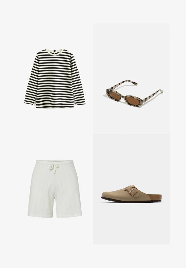 T-shirt en coton à manches longues avec des rayures horizontales noires et blanches, col rond et texture douce. Pas de matériel ou d'accents visibles.; Shorts en tricot blancs avec une taille élastique et un cordon de serrage. Dotés de rayures texturées et d'une coupe décontractée. Tissu doux pour le confort.; Sabots beiges avec un bout arrondi, accent en boucle ajustable et semelle en liège. Surface texturée avec une semelle en caoutchouc noir pour une meilleure adhérence.; Lunettes de soleil en écaille avec des verres ovales, teinte brune et branches fines à motif. Matériau plastique léger avec de subtils accents dorés.