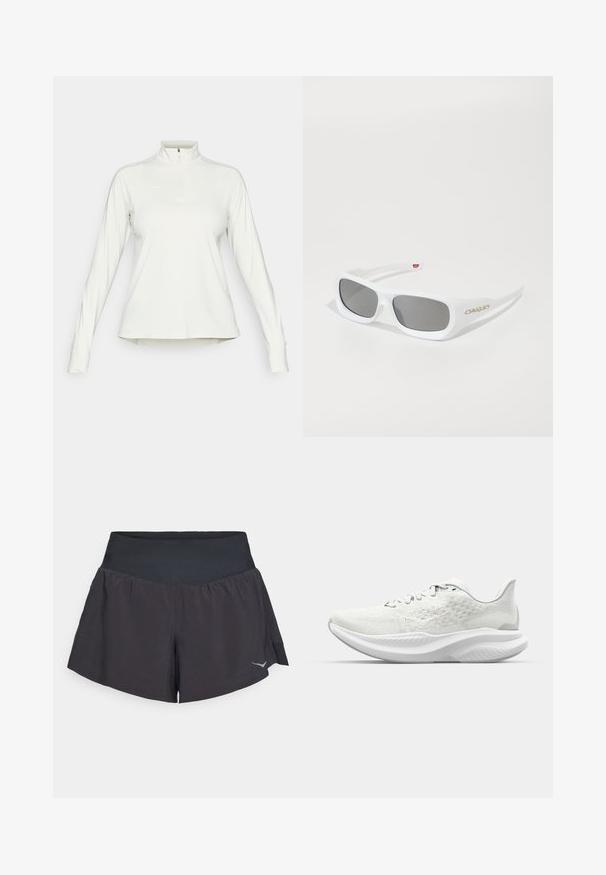 Hvit langermet treningsoverdel med høy krage og glidelås foran, med subtilt logo på venstre bryst og tommelhull på ermene.; Sorte idrettsshorts med en bred, glatt livlinje. Har et flagrende design og en reflekterende logo på nedre høyre side.; Hvite sportsko med strukturert overdel, snøring og dempet såle med bølgete profil. Diskret merkevare på siden.; Hvite rektangulære Oakley-solbriller med mørke linser som hviler på en hvit overflate, logo synlig på siden.