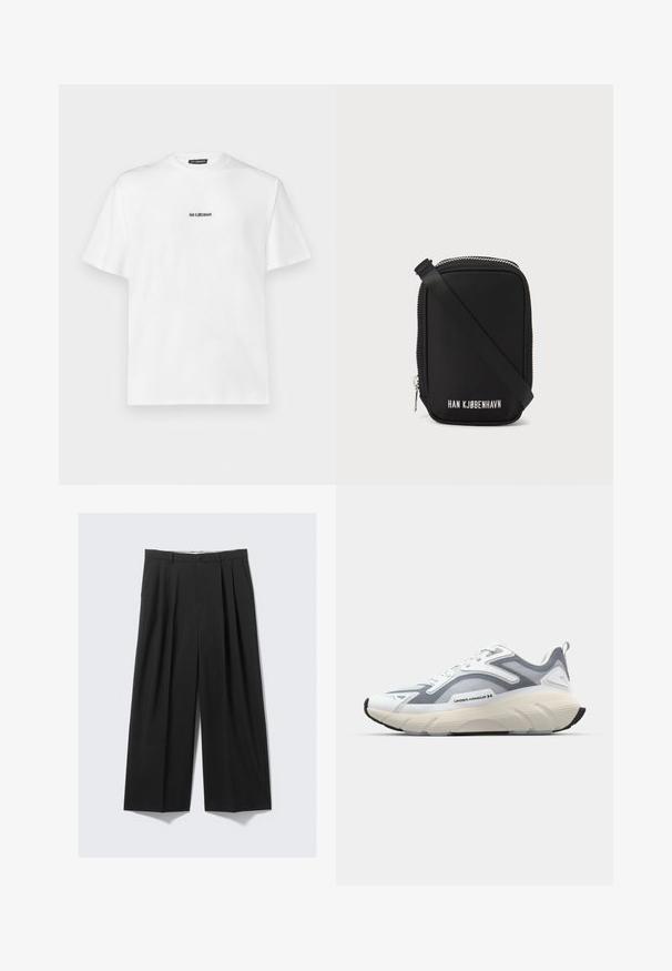 Weißes Kurzarm-T-Shirt aus Baumwolle mit einem kleinen schwarzen Textlogo, das zentral auf der Brust platziert ist. Klassisches Rundhalsdesign.; Schwarze weit geschnittene Hose mit Falten, Knopfverschluss und Gürtelschlaufen, flach auf einem neutralen Hintergrund präsentiert.; Weiße und graue Sportschuhe mit einem synthetischen Obermaterial, dicker Zwischensohle und Gummisohle. Verfügt über ein strukturiertes Muster und ein Schnürsystem.; Schwarze Tasche mit rechteckiger Form, aus glattem Material. Verfügt über einen oberen Reißverschluss, einen verstellbaren Riemen und weißen Text: "HAN KJØBENHAVN."
