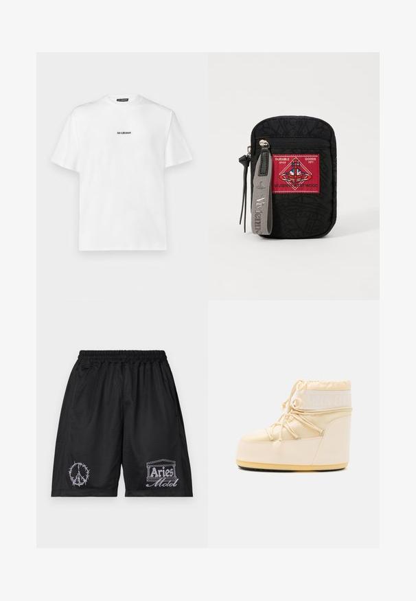 Hvit kortermet t-skjorte laget av bomull, med en liten svart tekstlogo sentrert på brystet. Klassisk rund hals-design.; Svarte mesh shortser med elastisk midjebånd. Har et hvitt broderi av fredssymbolet og "Aries Motel"-logo i kontrastdesign.; Lys beige Moon Boot med rund tå, snøring og teksturert gummisåle. Har hvit merking og glatte syntetiske materialer.; Svart pose med teksturert stoff, med en rød lapp med logo, glidelås-lukking, og et grått bånd med preget merkevare.