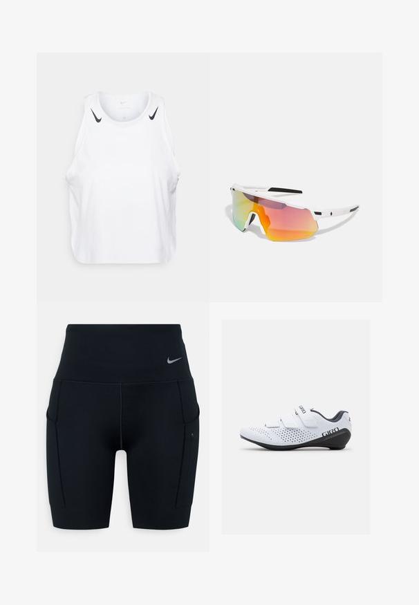Hvit ermeløs tanktop laget av lett materiale, med svarte Nike-logo aksenter på skuldrene, rund hals og avslappet passform.; Svart høyverdig trening shorts laget av elastisk materiale; har sidelommer og en liten Nike-logo på midjen.; Giro STYLUS - Sykkelsko - white; Sweet Protection SHINOBI UNISEX - Solbriller - rig topaz/satin white