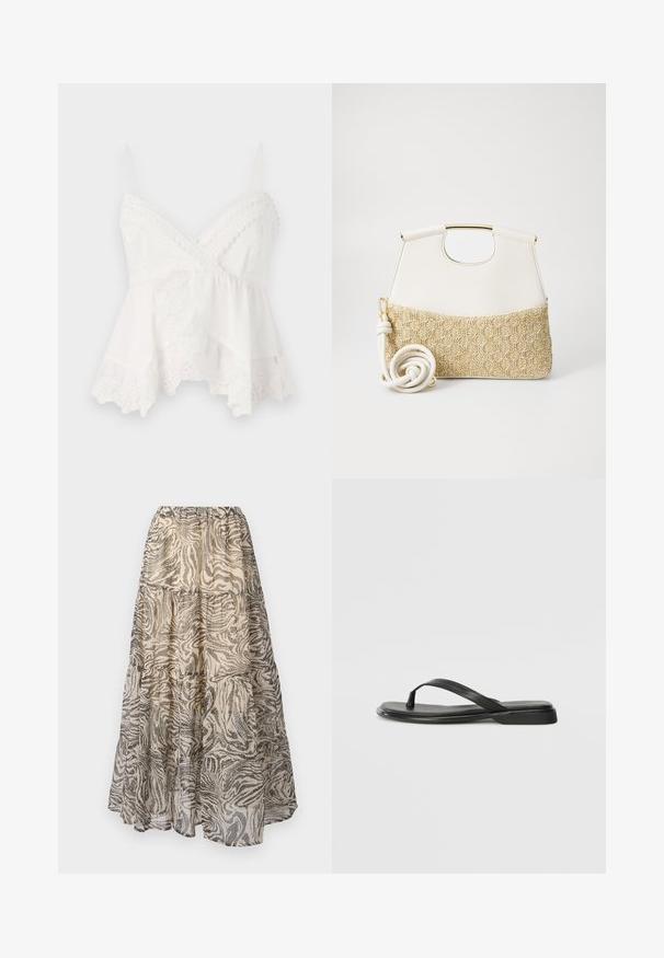 Biele tielko s tenkými ramienkami, so čipkovým lemom a kvetinovou výšivkou na spodnom okraji. Mäkka, ľahká tkanina s vrstveným dizajnom.; Pružný maxi sukňa s viacerými vrstvami vyrobená z ľahkej látky s béžovým a čiernym zebrovaným vzorom. Elastický pás pre prispôsobiteľné nosenie.; Čierne šľapky vyrobené z hladkej kože, s tenkým pásikom a plochou podrážkou s minimalistickým profilom. Bez výrazných vzorov alebo akcentov.; Biely kožený kabelka so štruktúrovaným krémovým tkaným dnom. Obsahuje zlatý úchyt a vinutý biely popruh pre univerzálnosť.