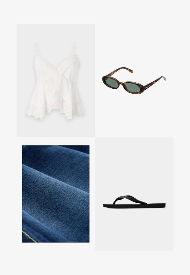 Fehér női trikó vékony pántokkal, csipkés díszítéssel és virágmintás hímzéssel az alján. Puha, könnyű anyagból készült, réteges kialakítással.; Sötétkék farmer anyag sima felülettel, látható szövettel és enyhe rugalmassággal. Finom varrásvonalak láthatók a szélek mentén.; Fekete gumipapucs, textúrált pánttal és egyszerű lapos talppal, oldalnézetből, világos háttér előtt.; Tortojásmintás napszemüveg ovális kerettel és zöld lencsékkel. Vékony szárakkal rendelkezik, fémes kiegészítővel a csuklók közelében.; Barna monogramozott bőr táska arany lánc pánttal, cipzáros zárással és lapos, téglalap alakú kivitelben. Az elülső oldalán logó van domborítva.