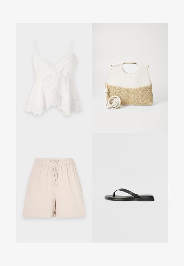 Fehér női trikó vékony pántokkal, csipkés díszítéssel és virágmintás hímzéssel az alján. Puha, könnyű anyagból készült, réteges kialakítással.; Beige rövidnadrág, rugalmas derékkal és zsinórral. Könnyű anyagból készült, texturált felülettel és laza szabással.; Fekete papucs sima bőrből, vékony pántkel és lapos talppal rendelkezik, minimális profilú. Nincsenek kiemelkedő minták vagy díszítések.; Fehér bőr kézitáska texturált krémszínű, szőtt anyagú aljjal. Aranyszínű fogantyúval és tekert fehér pánttal rendelkezik a sokoldalúság érdekében.