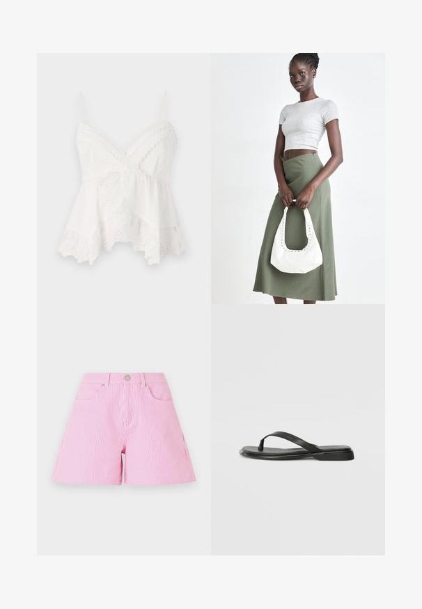 Camisole blanche à fines bretelles, avec des bordures en dentelle et une broderie florale sur l'ourlet. Tissu doux et léger avec un design superposé.; Shorts rayés rose et blanc avec fermeture à bouton et zip, dotés de poches avant et d'une coupe décontractée. Tissu en coton, texture lisse.; Tongs noires en cuir lisse, avec un design de sangle fine et une semelle plate à profil minimal. Aucun motif ou accent notables.; Top court rayé gris et jupe taille haute verte olive. Le mannequin tient un sac à bandoulière blanc avec des découpes. Design simple, silhouette ajustée.