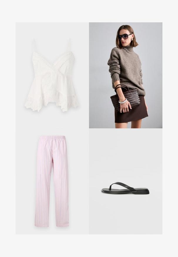 Camisole blanche à fines bretelles, avec des bordures en dentelle et une broderie florale sur l'ourlet. Tissu doux et léger avec un design superposé.; Pantalons roses clairs avec des rayures verticales bleues, en tissu lisse, dotés d'une taille élastique et d'un design à jambes larges.; Tongs noires en cuir lisse, avec un design de sangle fine et une semelle plate à profil minimal. Aucun motif ou accent notables.; DRAGON DIFFUSION MINI FLAT GORA - Sac à main - dark brown