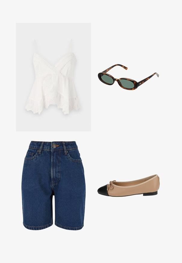 Bela brezrokavnika s tankimi naramnicami, obrobljena z čipko in cvetličnim vezenjem na robu. Mehka, lahka tkanina z večplastnim dizajnom.; Denimske kratke hlače v temno modri barvi, z visokim pasom, petimi žepi in kontrastnim oranžnim šivom. Tkanina se zdi teksturirana.; Balerinka iz bež usnja z črnim kapicom. Ima podrobnost z lokom spredaj in gladko teksturo. Nizka oblika z gumijastim podplatom.; Žirafne sončna očala z ovalnimi okvirji in zelenimi lečami. Imajo tanke ročice z metalnim poudarkom blizu tečajev.; Slamnata torbica s širokim, oblikom vdirka, črnimi usnjenimi ročaji in črnimi cvetličnimi akcenti na eni strani.