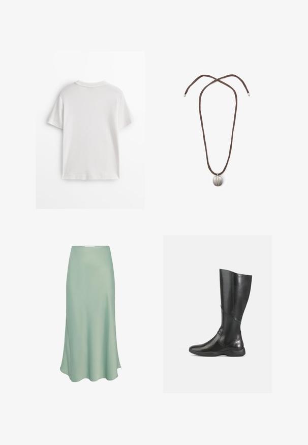 T-shirt en coton blanc à manches courtes, col rond et texture lisse. Le dos est uni, sans motifs ni designs supplémentaires.; Chemise à manches longues en gris clair et blanc, présentant des rayures verticales, un col et des poignets à boutons. Fabriquée dans un tissu texturé et léger.; Jupe midi en satin vert menthe avec une texture lisse, présentant une légère forme évasée et une fente sur le côté pour un détail de design supplémentaire.; Bottine noire en cuir jusqu'au genou avec une finition lisse, un bout arrondi et une semelle douce. Présente une silhouette moderne et des accents de couture minimalistes.; Collier avec un cordon marron et un pendentif en argent en forme d'ovale. Le pendentif a une surface lisse et une légère indentation au centre.