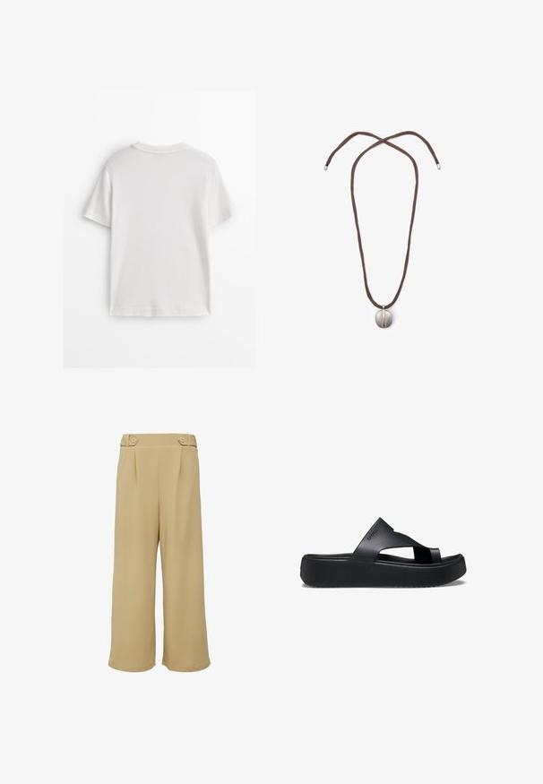 Weißes Baumwoll-T-Shirt mit kurzen Ärmeln, rundem Ausschnitt und glatter Textur. Die Rückseite ist einfarbig ohne zusätzliche Muster oder Designs.; Langarmhemd in Hellgrau und Weiß, mit vertikalen Streifen, einem Kragen und geknöpften Manschetten. Hergestellt aus einem strukturierten, leichten Stoff.; Beige weite Hosen aus glattem Stoff, mit zwei vorderen Falten und einem hohen Taillenbund mit zwei dekorativen Knöpfen.; Schwarze Plattform-Flip-Flops mit einer strukturierten Gummisohle, die ein Kreuzriemen-Design und eine matte Oberfläche aufweisen. Das Markenlogo ist dezent an der Seite angebracht.; Halskette mit einem braunen Band und einem silbernen ovalen Anhänger. Der Anhänger hat eine glatte Oberfläche und eine leichte Vertiefung in der Mitte.