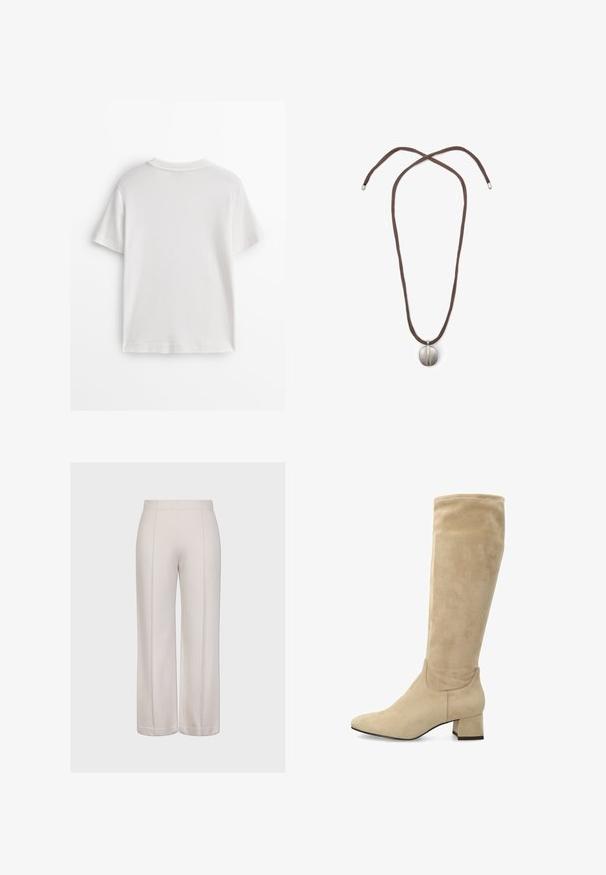 Wit katoenen T-shirt met korte mouwen, een ronde hals en een gladde textuur. De achterkant is effen zonder extra patronen of ontwerpen.; Lange mouwen shirt in lichtgrijs en wit, met verticale strepen, een kraag en knopenmanchetten. Gemaakt van een ge Textureerd, lichtgewicht stof.; Wijde broek in lichtbeige stof met een gladde textuur. Voorzien van twee verticale naden en een consistente, schone snit aan de zoom.; Beige suède laarzen tot net onder de knie met een puntige neus en een stevige blokhak. Glad oppervlak met minimale stiksel-details.; Halsketting met een bruine koord en een zilveren ovale hanger. De hanger heeft een glad oppervlak en een lichte indeuking in het midden.
