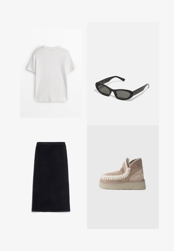Weißes Baumwoll-T-Shirt mit kurzen Ärmeln, rundem Ausschnitt und glatter Textur. Die Rückseite ist einfarbig ohne zusätzliche Muster oder Designs.; Samt schwarzer Midirock mit glatter Textur, elastischem Bund und einfachem Design. Keine sichtbaren Muster oder Hardware-Details.; Braune Wildleder-Stiefelette mit einem flauschigen Futter und dekorativer weißer Naht um den Kragen. Verfügt über eine dicke, strukturierte Sohle.; Schwarze Sonnenbrille mit ovalen Gläsern, eleganten Kunststoffrahmen und gebogenen Schläfen. Die Gläser sind dunkelgrau und bieten ein modernes geometrisches Design.