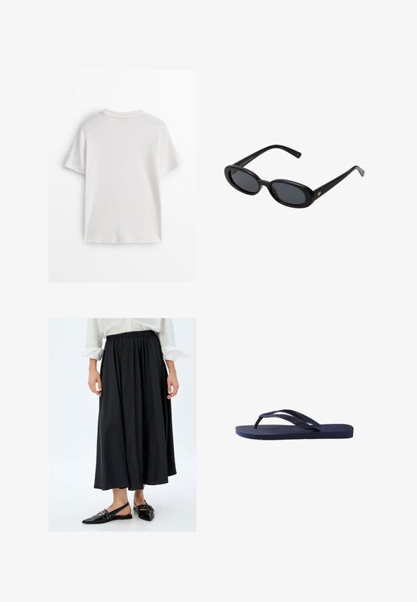 Hvid bomuld t-shirt med korte ærmer, rund hals og en glat tekstur. Bagsiden er ensfarvet uden ekstra mønstre eller designs.; Sort, ankel-langt nederdel med elastisk talje, der har en glat tekstur og flydende design. Sammen med sorte flade sko.; Mørkeblå flip-flop med teksturerede gummistropper og sål, med et bølget mønster på stropperne og en flad, rillede fodseng.; Store store