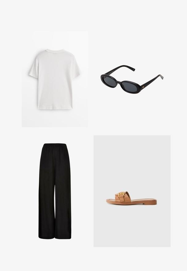 Maglietta bianca in cotone con maniche corte, collo rotondo e tessuto liscio. Il retro è semplice, senza motivi o disegni aggiuntivi.; Pantaloni neri a gamba larga realizzati in un tessuto liscio. Presentano una vita elastica e una vestibilità ampia e fluida per comfort e libertà di movimento.; Sandalo scivolato in pelle marrone con cinturino largo, dettaglio in metallo dorato, suola piatta e design minimalista. Adatto per un abbigliamento casual.; Occhiali da sole neri oversize con lenti ovali, montatura in plastica liscia e accenti dorati sulle tempie. Le lenti scure offrono protezione dal sole.; Borsa tote in tela con un orso cartone animato che indossa una sciarpa verde e un blazere, con manici in pelle marrone. Sfondo bianco, design stampato.