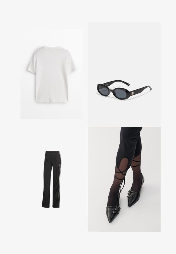White cotton t-shirt with short sleeves, a round neck, and a smooth texture. The back is plain with no additional patterns or designs.; Black athletic pants with a relaxed fit, featuring white side stripes and an elastic waistband. Includes a small logo detail on the side.; Black pointed-toe flats made of leather, featuring three metal buckle accents and a smooth finish, worn with sheer black stockings.; Black oval sunglasses with dark lenses, glossy plastic frame, wide arms, and a small gold accent on one side.