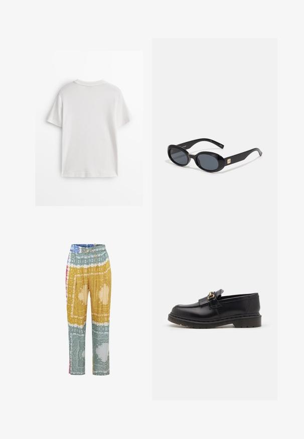 White cotton t-shirt with short sleeves, a round neck, and a smooth texture. The back is plain with no additional patterns or designs.; Printed trousers featuring a variety of colors including yellow, green, red, and blue, with a drawstring waistband and wide-leg design.; Black leather loafers with a rounded toe, decorative fringe, and gold hardware accent. Thick rubber sole for added traction and durability.; Black oval sunglasses with dark lenses, glossy plastic frame, wide arms, and a small gold accent on one side.; Black leather handbag with a curved design, featuring a detachable strap and silver hardware accents. Smooth texture with a subtle logo.