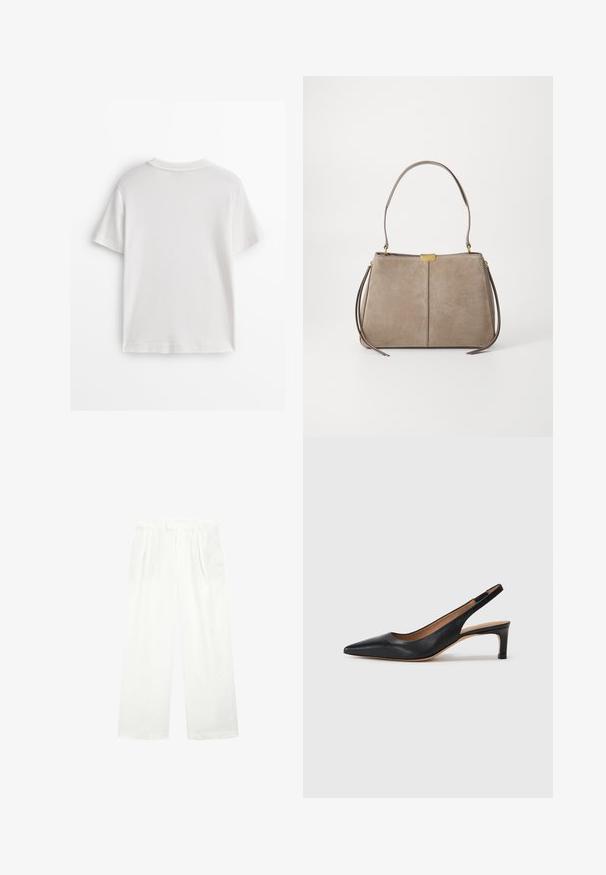 Maglietta bianca in cotone con maniche corte, collo rotondo e tessuto liscio. Il retro è semplice, senza motivi o disegni aggiuntivi.; Pantaloni bianchi a gamba larga realizzati in un tessuto leggero, con una parte anteriore piatta, pieghe e una cintura, che offrono una vestibilità ampia e ariosa.; Pump slingback in pelle nera con punta appuntita, tacco basso e texture liscia. Presenta una sottile cinghia regolabile per una vestibilità sicura.; Tommy Hilfiger CASUAL SHOULDER BAG - Borsa a mano - coastal taupe
