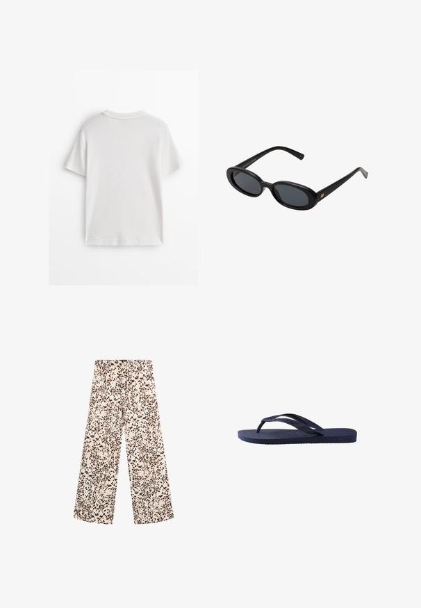 Hvid bomuld t-shirt med korte ærmer, rund hals og en glat tekstur. Bagsiden er ensfarvet uden ekstra mønstre eller designs.; Bredde ben-bukser i et lyst cremefarvet stof med et brunt pletmønster. Har en snoretræk i taljen og en glat, blød tekstur.; Mørkeblå flip-flop med teksturerede gummistropper og sål, med et bølget mønster på stropperne og en flad, rillede fodseng.; Store store
