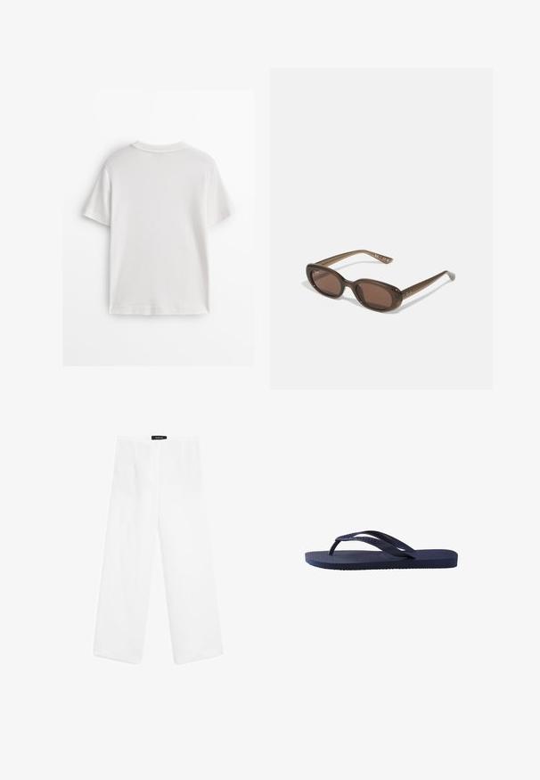 T-shirt en coton blanc à manches courtes, col rond et texture lisse. Le dos est uni, sans motifs ni designs supplémentaires.; Pantalons larges en lin blanc avec une texture lisse, dotés d'une taille mi-haute, de deux poches avant et d'un design simple.; Tongs bleu marine avec des sangles en caoutchouc texturé et une semelle, présentant un motif en vagues sur les sangles et un semelle plate à nervures.; Lunettes de soleil ovales marron avec des verres foncés. La monture est en matériau transparent marron et comporte un logo imprimé sur les branches.; Sac fourre-tout en suède marron avec deux anses, de forme rectangulaire spacieuse et au design minimaliste. Texture douce avec une finition lisse.